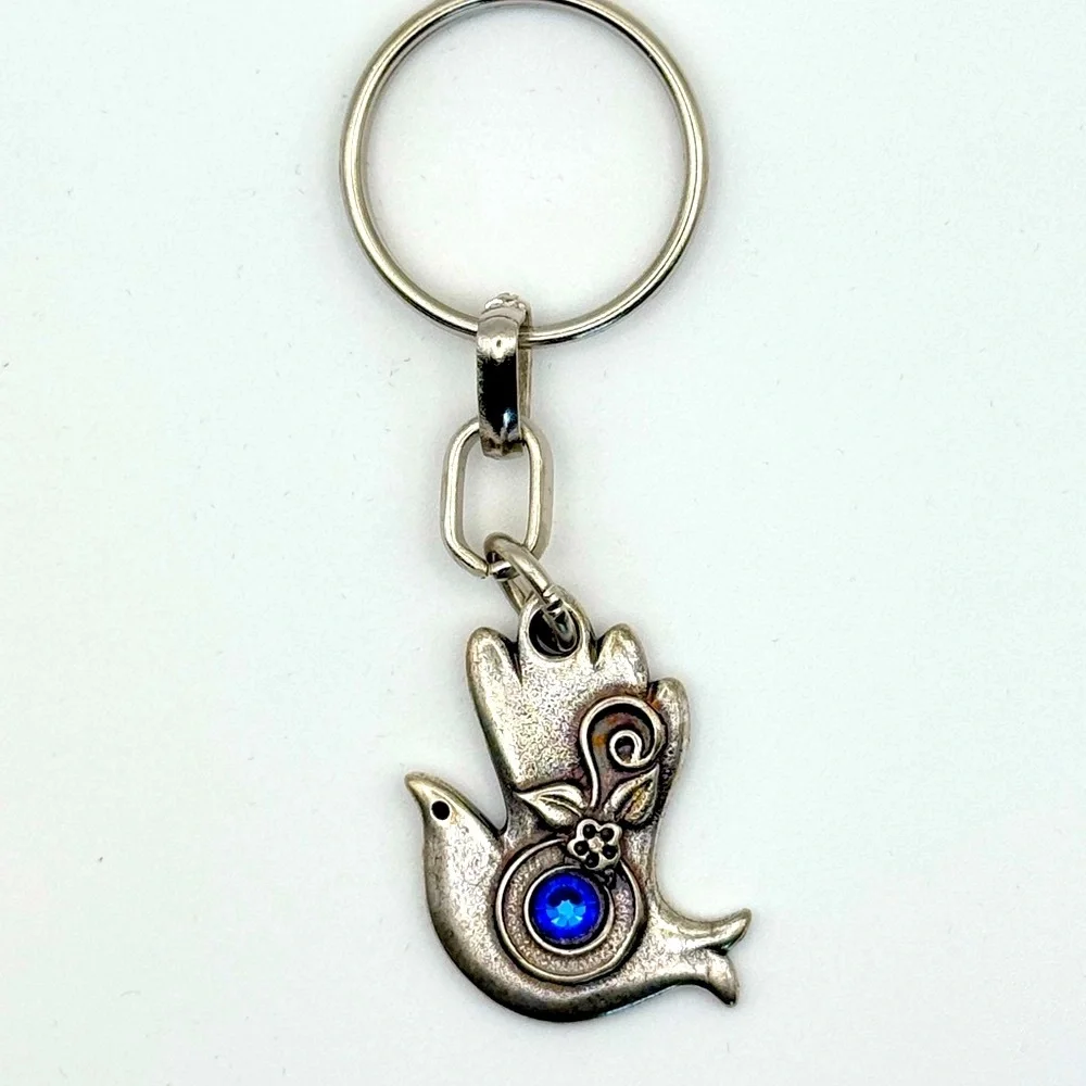 NIB Silver Tone Dove with Olive Branch Keychain Blue Gem Accent Engraved “Isram”